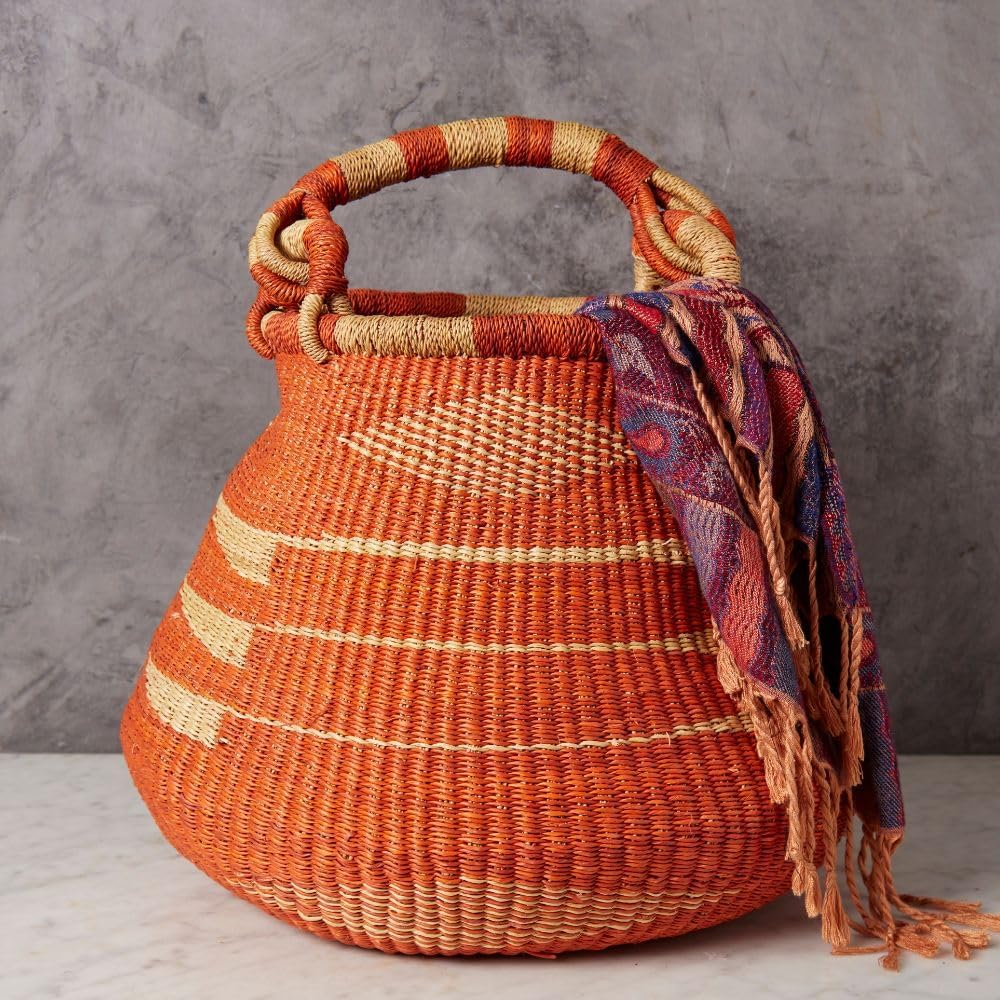 Woven Straw Bag - ตะกร้าเก็บของสานขนาด 16 นิ้ว สีส้ม ทรงกลม ตะกร้าโบลก้าแบบแอฟริกัน