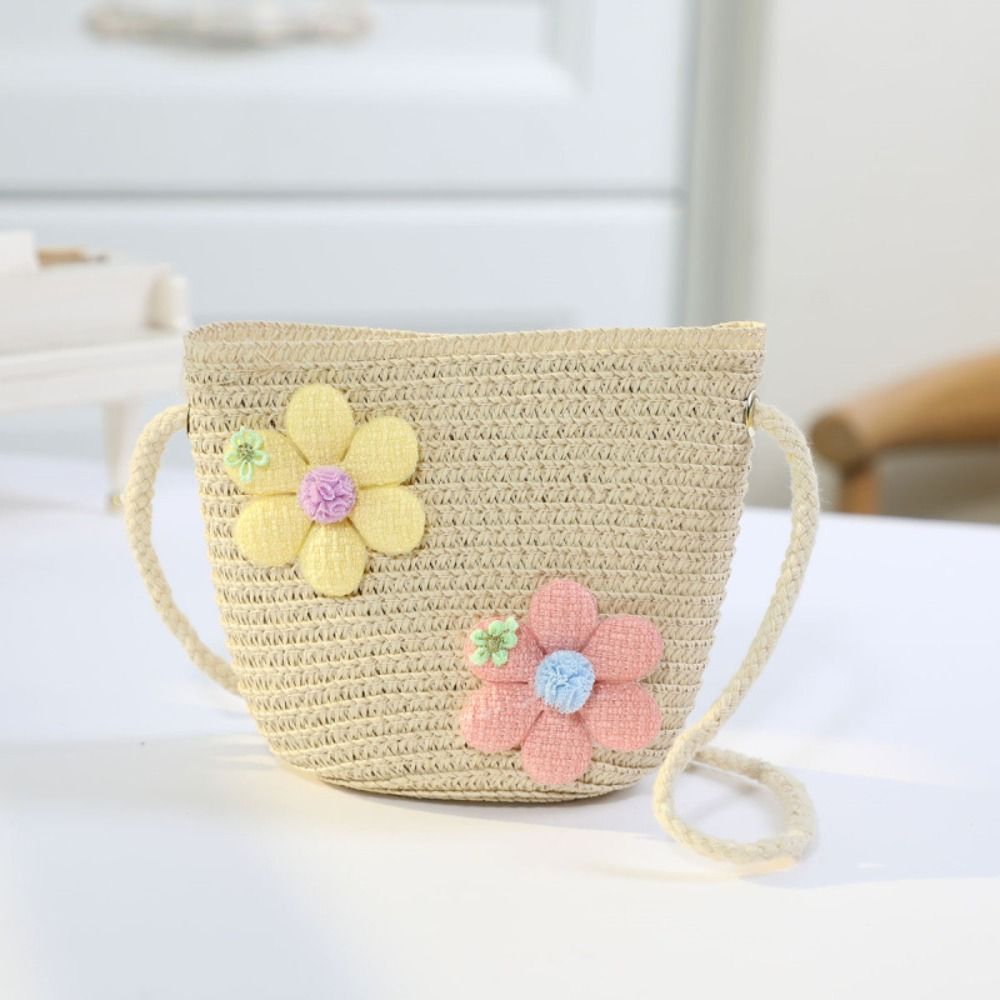 Woven Straw Bag - กระเป๋าสานดอกไม้ทำมือสุดน่ารักสำหรับเด็กผู้หญิง กระเป๋าใส่เหรียญ ถ่ายรูปได้ ใช้เป็นกระเป๋าสะพายข้าง กระเป๋าเก็บของ มีซิป