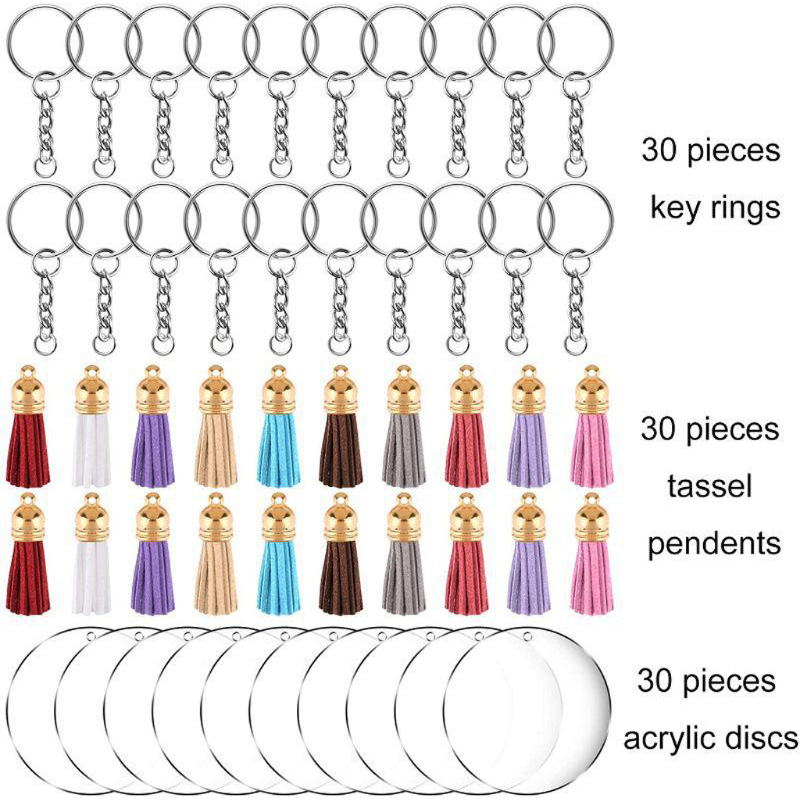 Circle Round Bag - 30ชุด DIY อะคริลิคใสแผ่นส่วนบุคคลพวงกุญแจโปร่งใสรอบวงกลมพู่พวงกุญแจกระเป๋าจี้