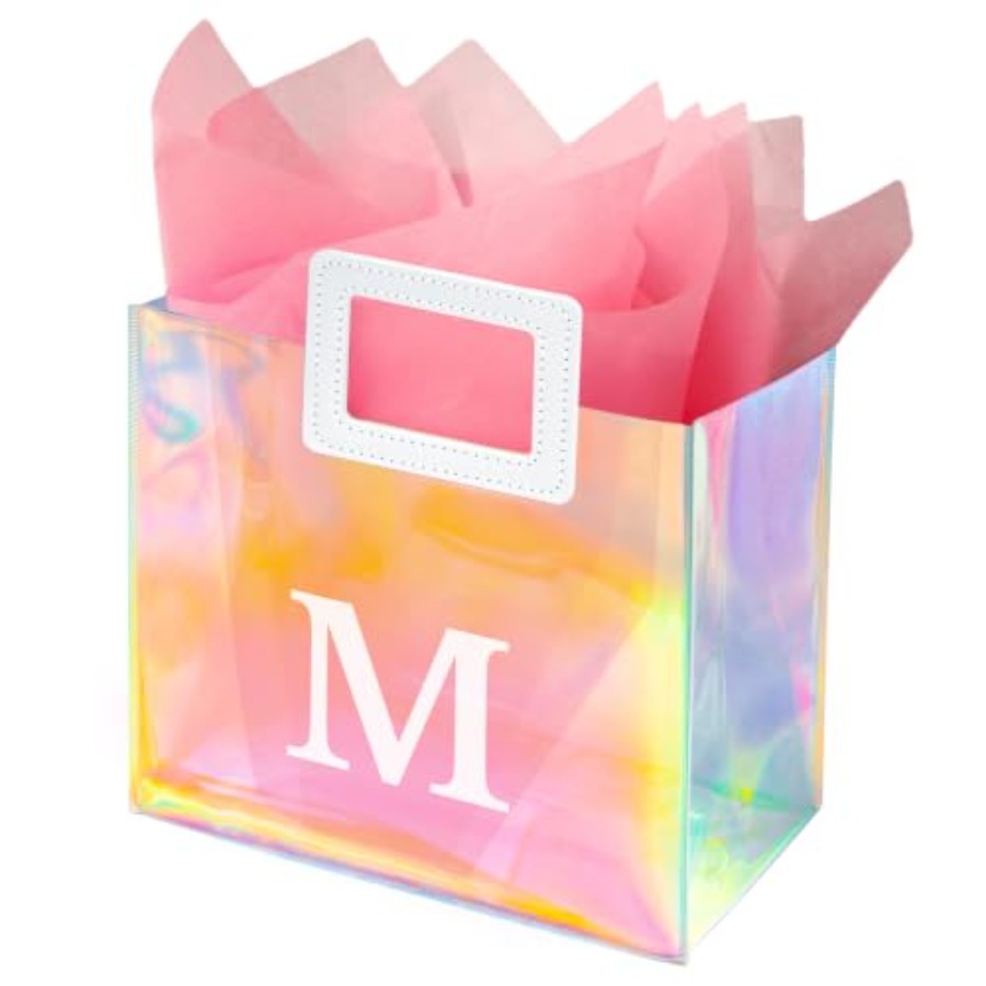 Women Bags For Eid - ถุงของขวัญโฮโลแกรมขนาดกลางสำหรับผู้หญิง สาวๆ วันเกิด แบบส่วนตัว สีชมพู พร้อมกระดาษทิชชู