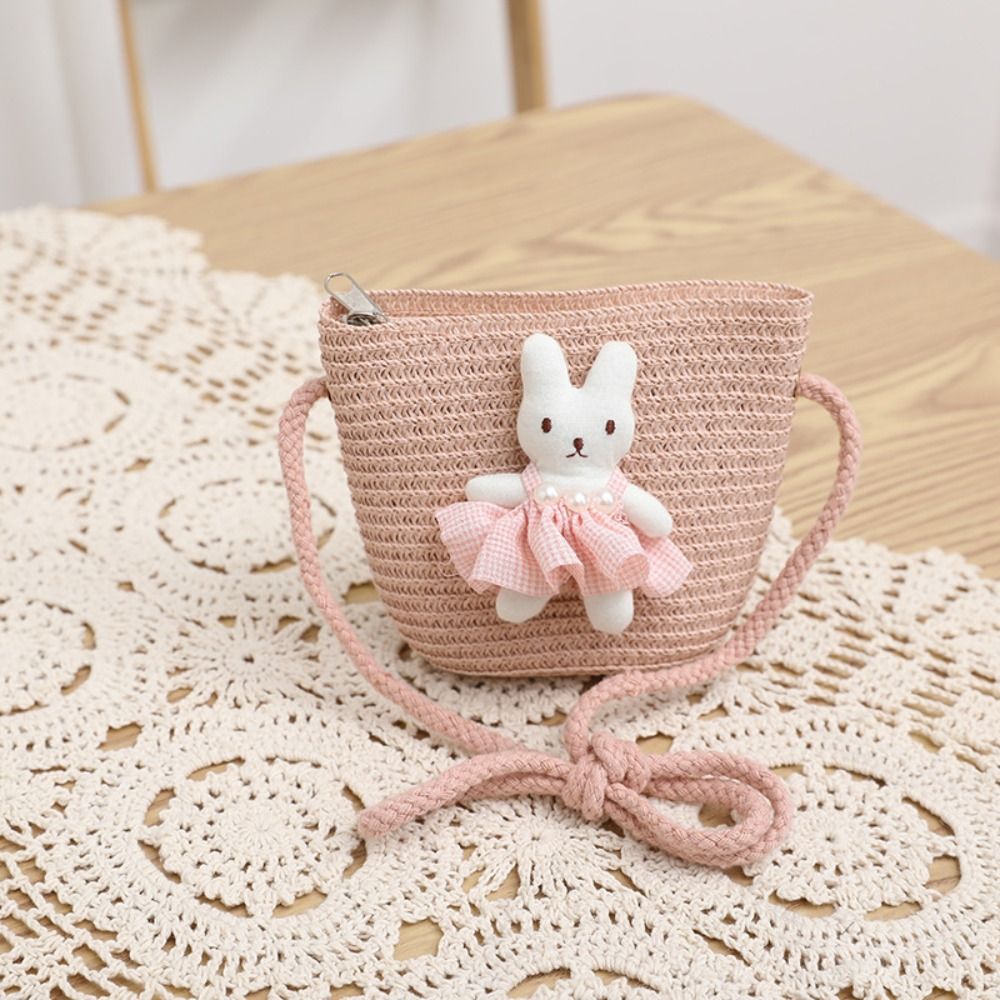 Woven Straw Bag - กระเป๋าสะพายข้างลายการ์ตูนกระต่ายน่ารัก กระเป๋าใส่เหรียญแบบมีซิป กระเป๋าถือเด็ก ทำด้วยมือ ถักทอ ใช้เป็นพร็อพถ่ายรูปได้