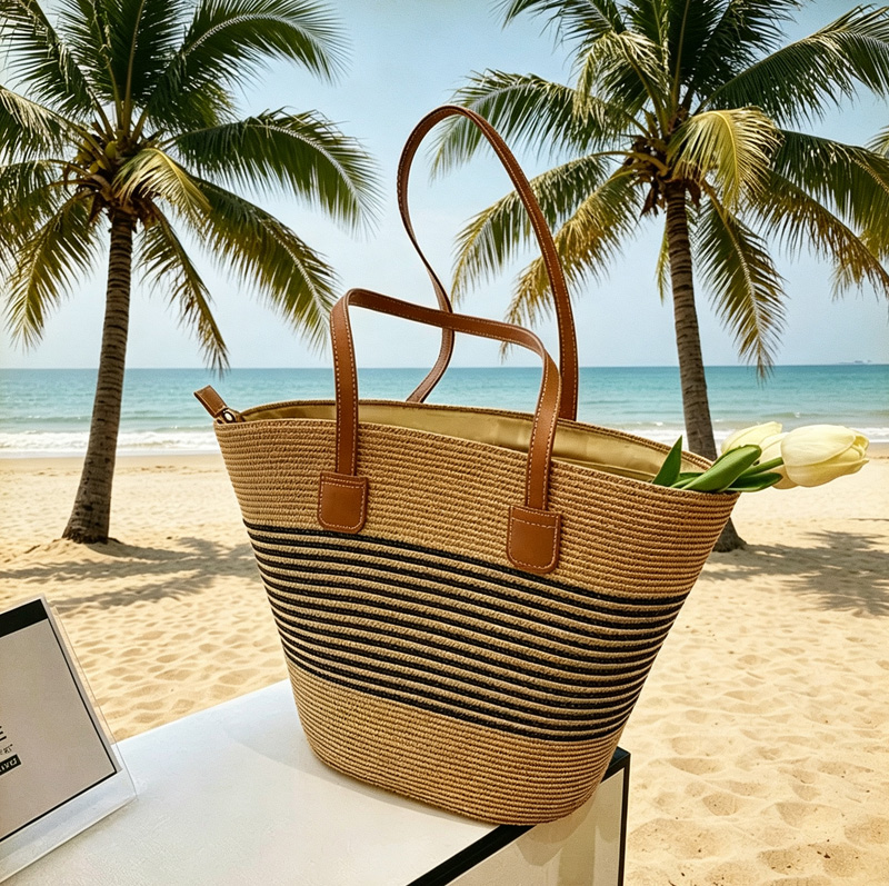 Woven Straw Bag - CLAREGQI กระเป๋าโท้ทลายทางสำหรับผู้หญิง, กระเป๋าชายหาดแบบทอความจุขนาดใหญ่, กระเป๋าสะพายลำลองพร้อมหูจับหนัง PU, กระเป๋าฤดูร้อน