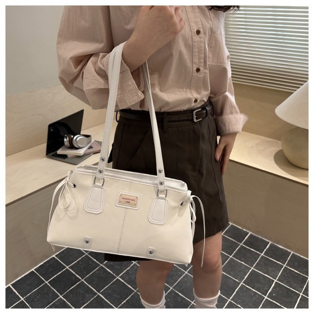 Top Handle Structured - กระเป๋าถือหนังเทียมสไตล์เกาหลี แบบมีซิปปิดด้านบน หูจับคู่ สายสะพายไหล่ ฐานโลหะ ทรงแข็งแรง
