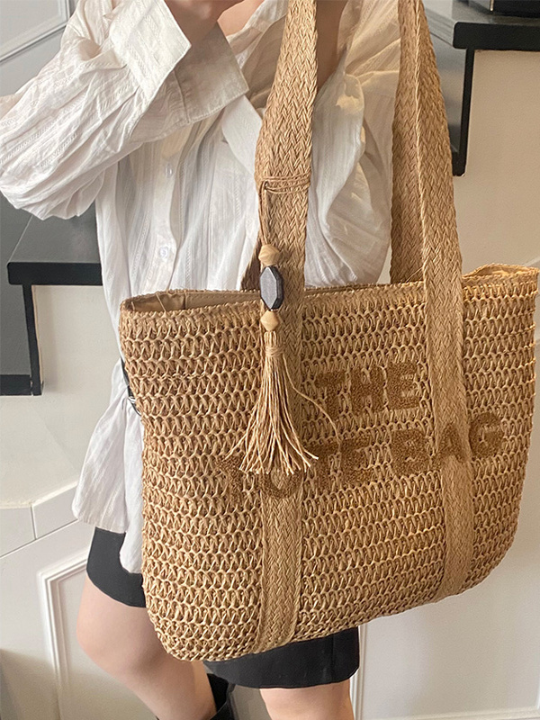 Woven Straw Bag - กระเป๋าถือสานทรงโท้ทขนาดใหญ่สำหรับเดินทางไปเที่ยวทะเลช่วงฤดูร้อน กระเป๋าสะพายไหล่เดี่ยวแฟชั่นลำลอง กระเป๋าถือผู้หญิงสุดอินเทรนด์ Ka Le Er