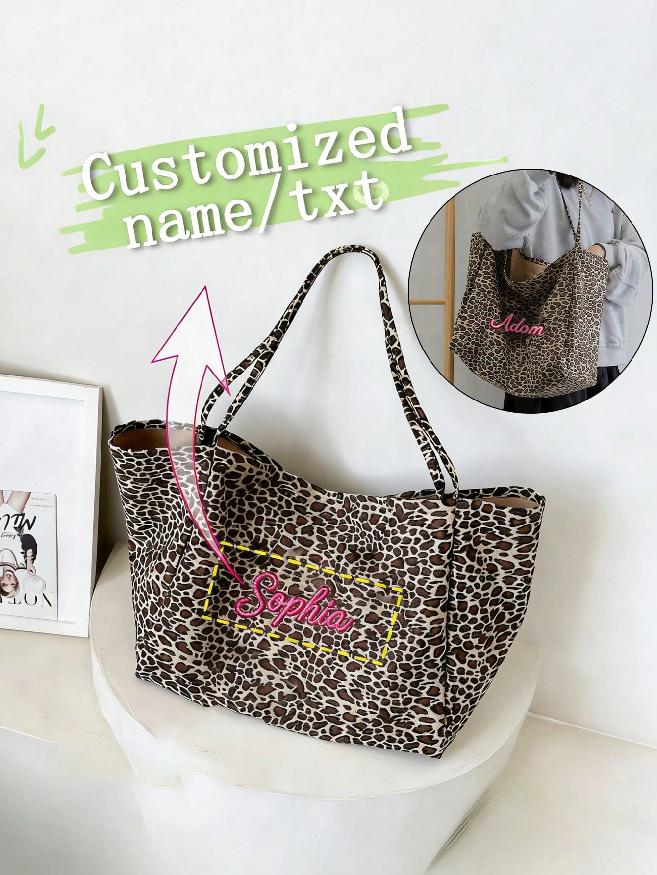Women Bags Name - กระเป๋าโท้ทลายเสือดาวแบบกำหนดเองสำหรับผู้หญิง กระเป๋าสะพายไหล่ความจุขนาดใหญ่ กระเป๋าถือช้อปปิ้งลำลอง ปักชื่อได้ เป็นของขวัญสำหรับเธอ