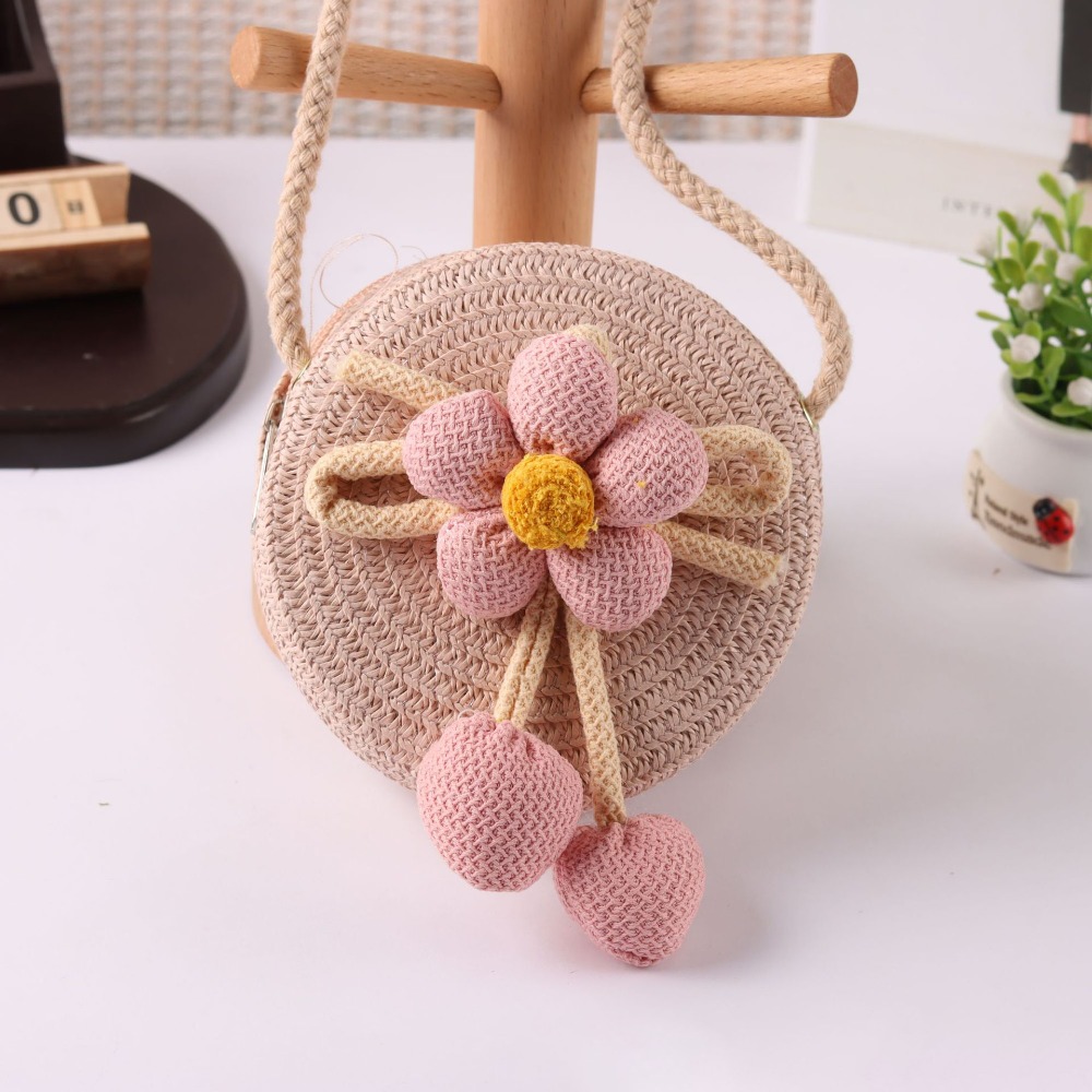 Woven Straw Bag - กระเป๋าสานทำมือแบบสบายๆ รูปทรงดอกไม้ กระเป๋าเก็บของแบบมีซิป สีพื้น กระเป๋าสะพายข้างสำหรับเด็ก