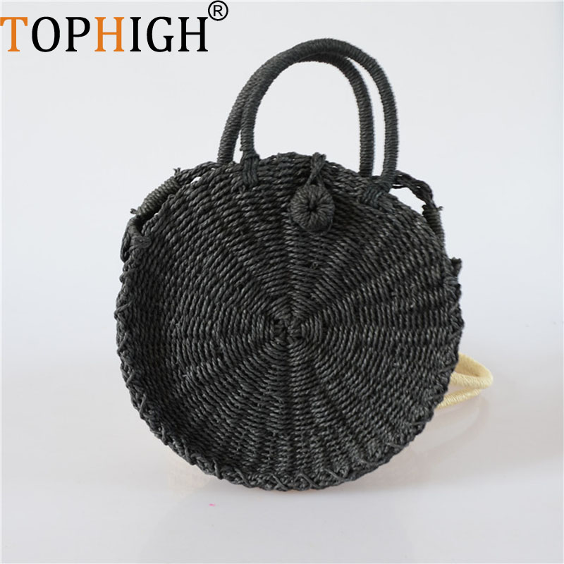 Circle Round Bag - กระเป๋าถือสตรีทรงกลม TOPHIGH สำหรับฤดูร้อน กระเป๋าชายหาด กระเป๋าหวายสานทำมือ กระเป๋าถือทรงกลมสไตล์วินเทจย้อนยุค
