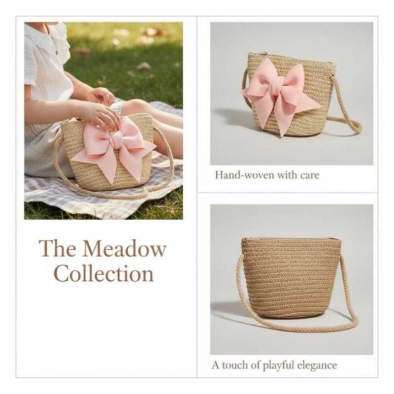 Woven Straw Bag - กระเป๋าสะพายไหล่สานสำหรับเด็กผู้หญิง ตกแต่งโบว์น่ารัก ทำด้วยมือ กระเป๋าสะพายข้างขนาดเล็กสำหรับเด็ก สำหรับไปเที่ยวชายหาด งานปาร์ตี้