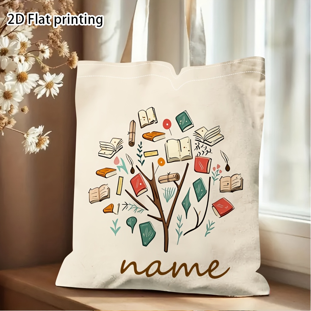 Women Bags Name - กระเป๋าโท้ทธีมหนังสือแบบปรับแต่งได้สำหรับผู้หญิง ปรับแต่งชื่อ/อักษรย่อ/ข้อความ ลายต้นไม้ พร้อมกระเป๋าซักได้สำหรับการเดินทาง