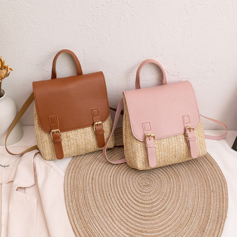 Woven Straw Bag - กระเป๋าเป้สะพายหลังหนัง PU แฟชั่น ดีไซน์ย้อนยุค สไตล์วินเทจ กระเป๋าเป้สาน