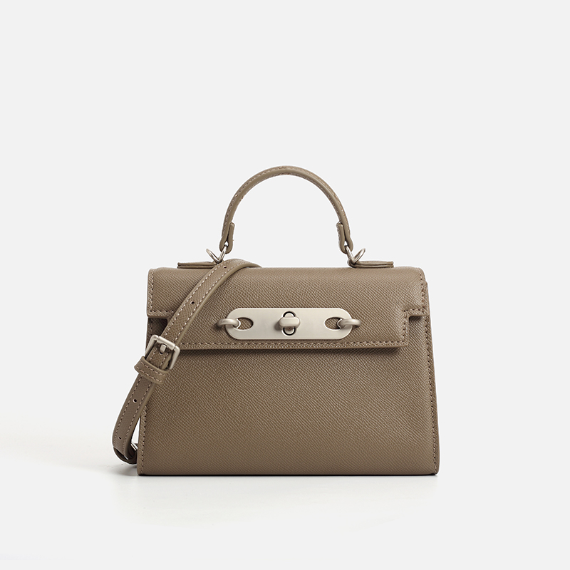 Top Handle Structured - กระเป๋าถือทรงแข็งแบบมีหูหิ้ว ทำจากหนัง Saffiano สีน้ำตาลอมเทา สำหรับผู้หญิง พร้อมฮาร์ดแวร์สีเงิน