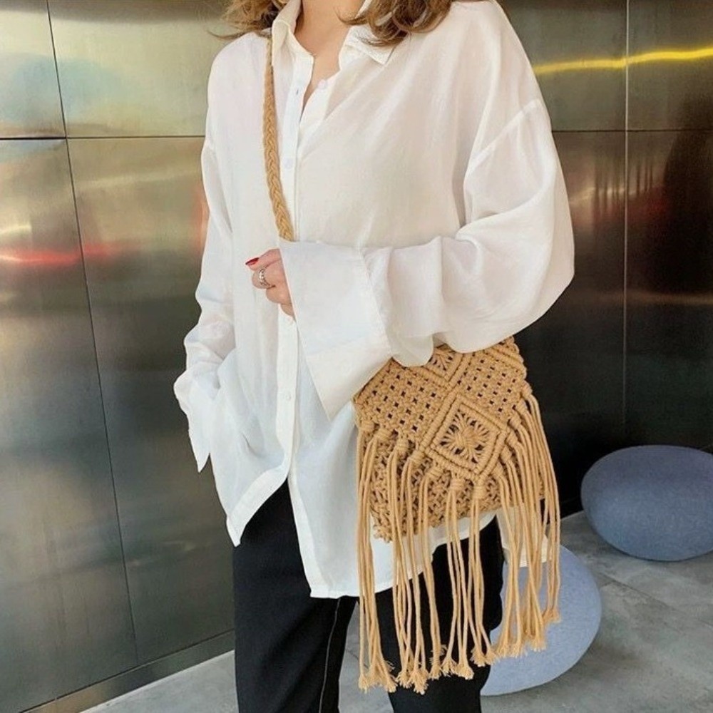 กระเป๋าสานสไตล์ชาติพันธุ์ สีพื - Woven Straw Bag บทวิจารณ์และราคา